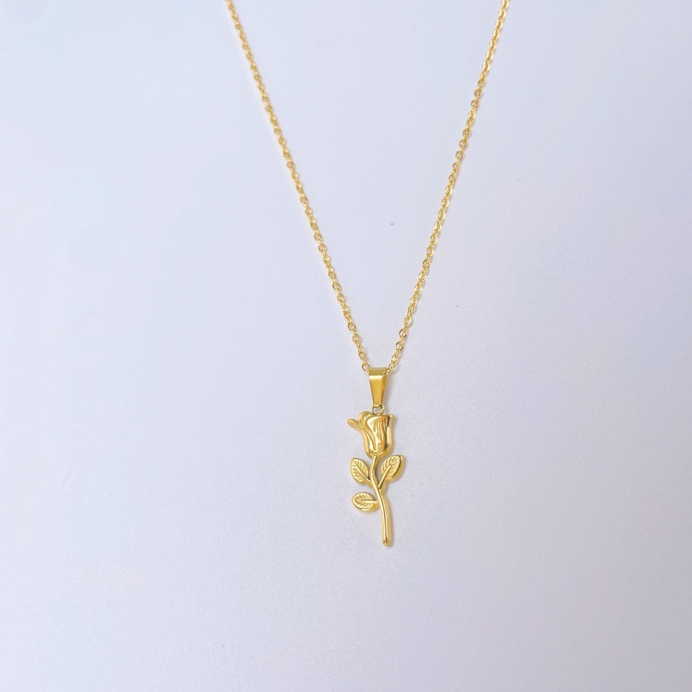Stalk of Rose Pendant 18K Real Gold Plated Necklace